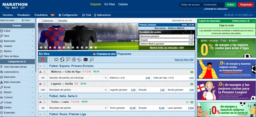 Piattaforma web di scommesse Marathonbet