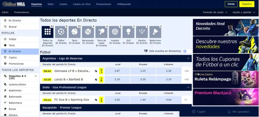 Pannello di scommesse sportive di William Hill