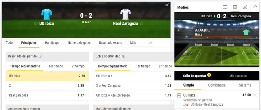 Pannello scommesse live di bwin