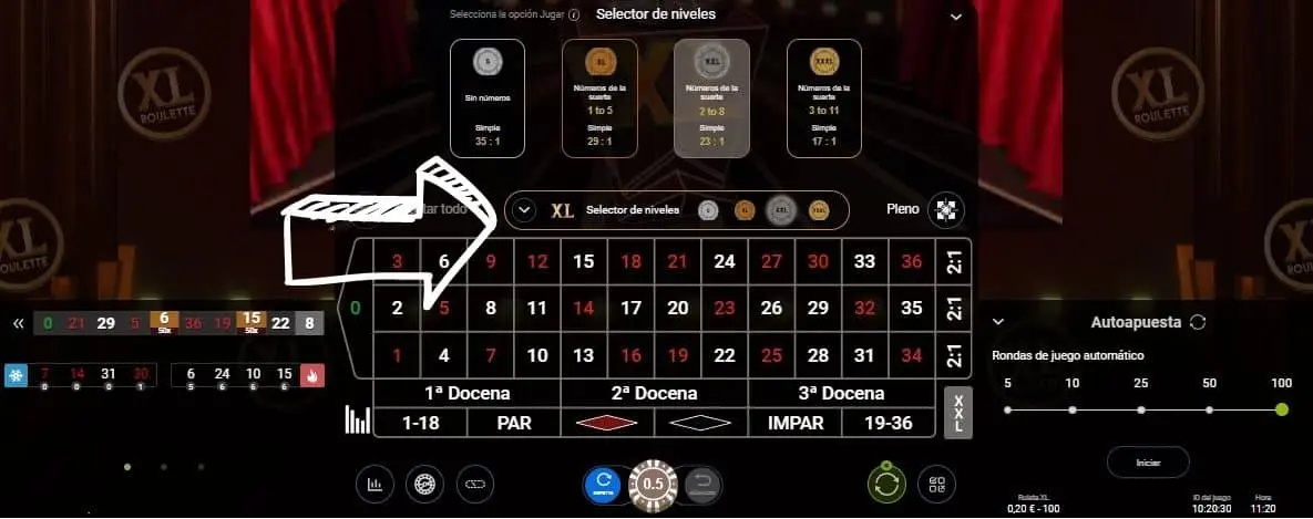 selettore della modalità di gioco nella roulette xl