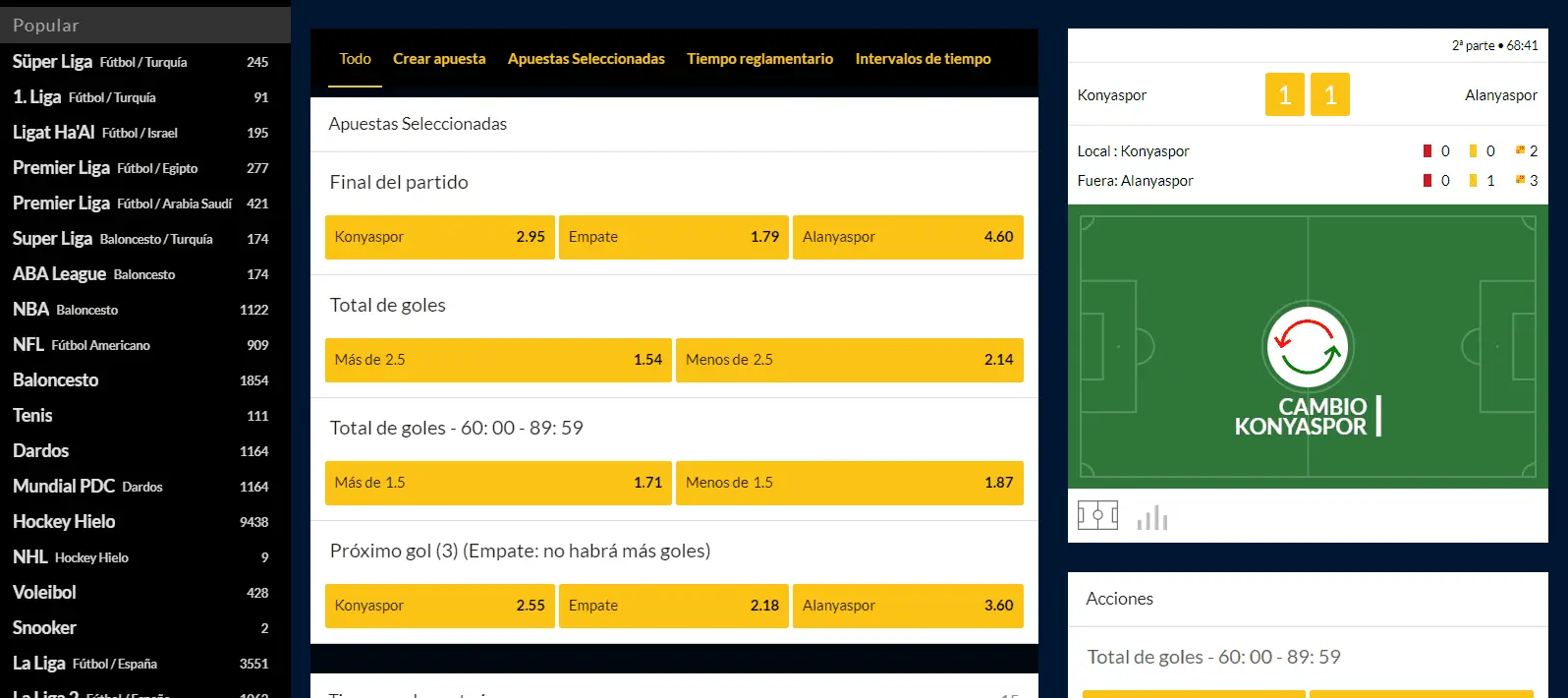 pannello di scommesse live di Admiralbet
