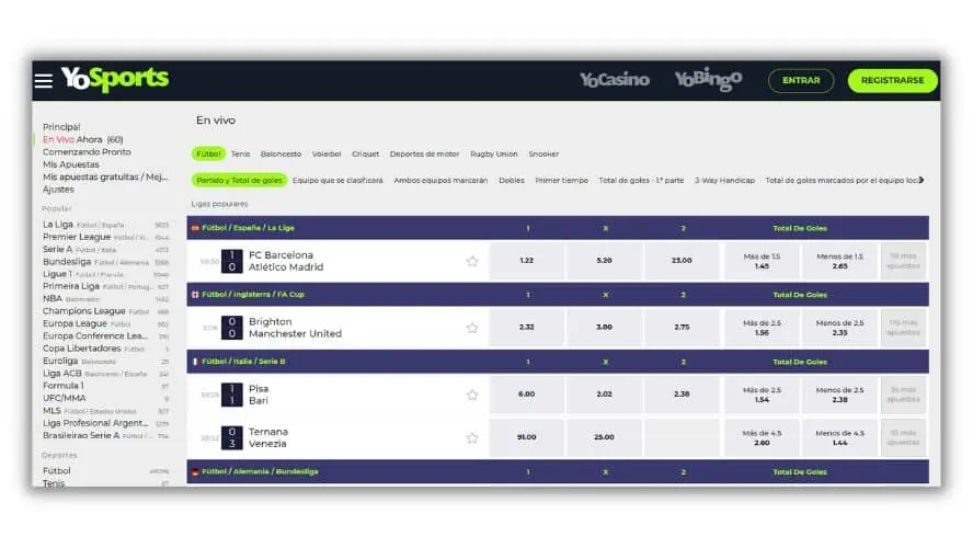 Pannello scommesse live YoSports