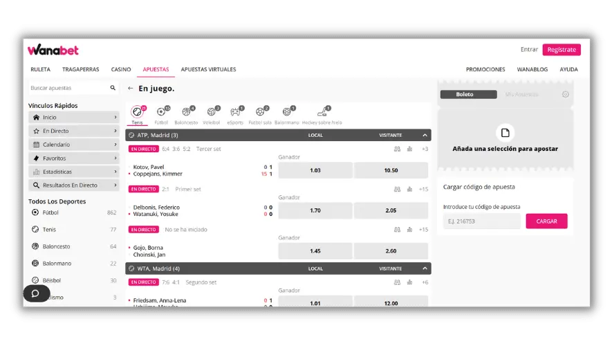 pannello di scommesse live