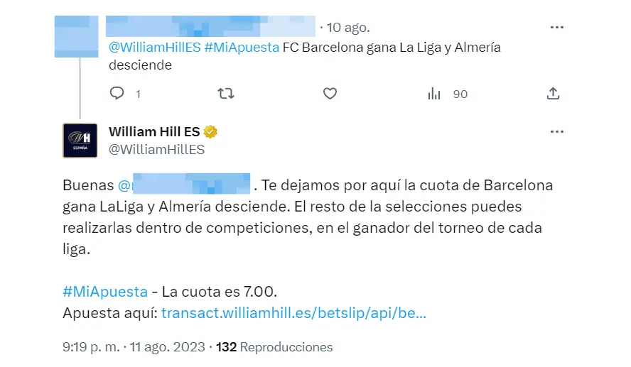 esempio di tweet #Mybet a William Hill