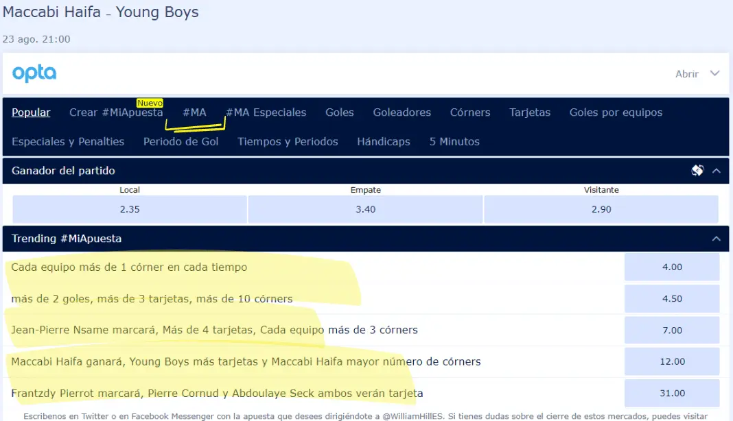 Mercati MiApuesta pubblicati sul sito William Hill